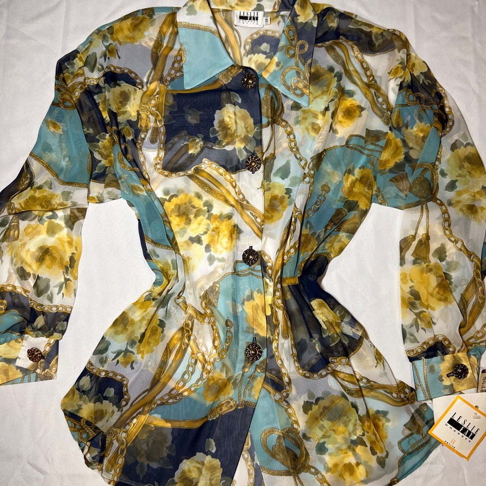 VTG Leslie Fay Floral Sheer Blouse with Chain Print